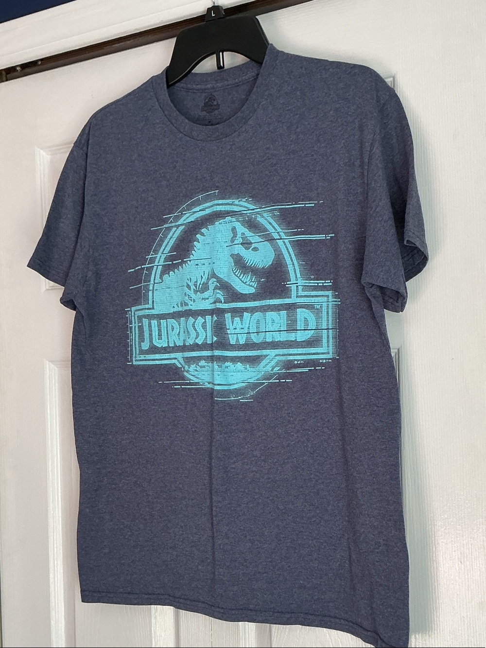 Jurassic World Women's Short Sleeve Tee - Heather Navy with Aqua Logo